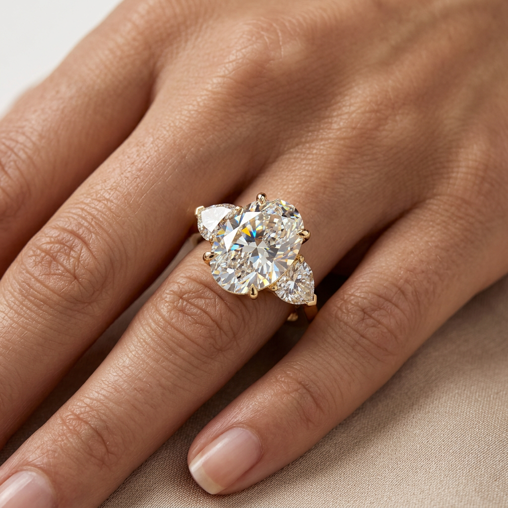 3 Carat E VVS Oval Lab Grown Diamond Engagement Ring Three Stone Heart Cut
