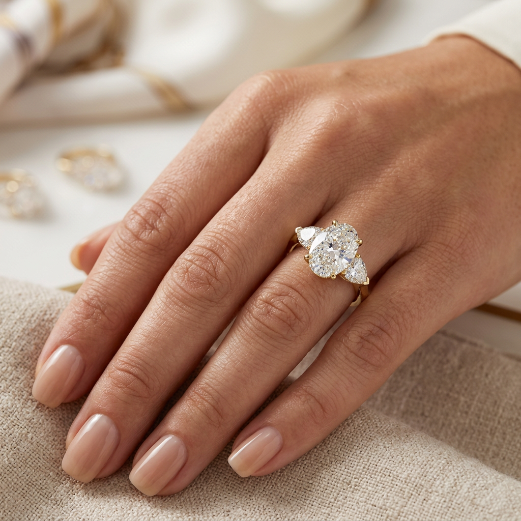 3 Carat E VVS Oval Lab Grown Diamond Engagement Ring Three Stone Heart Cut