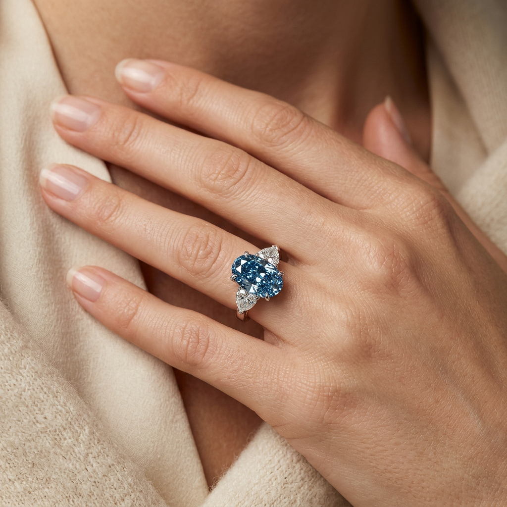 3 Carat Blue Oval Lab Grown Diamond Engagement Ring Three Stone Heart Cut