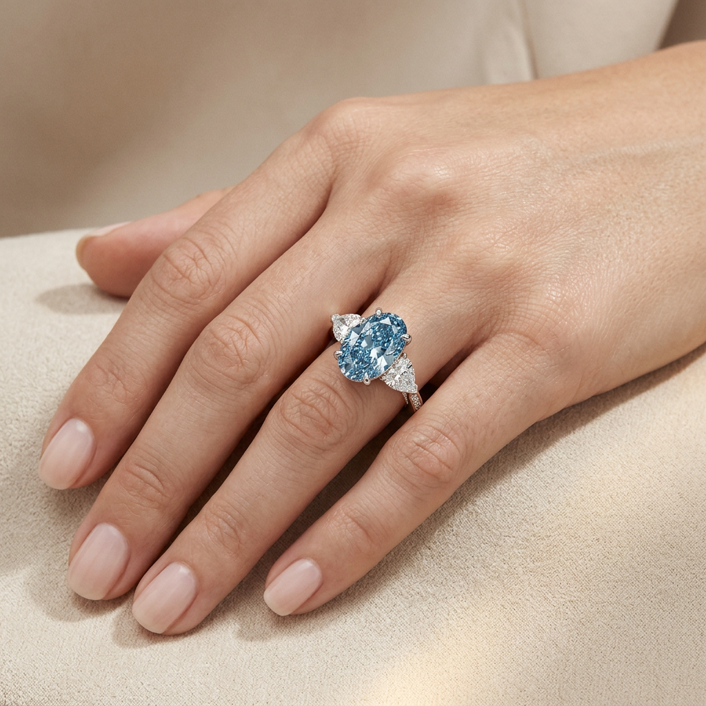 3 Carat Blue Oval Lab Grown Diamond Engagement Ring Three Stone Heart Cut