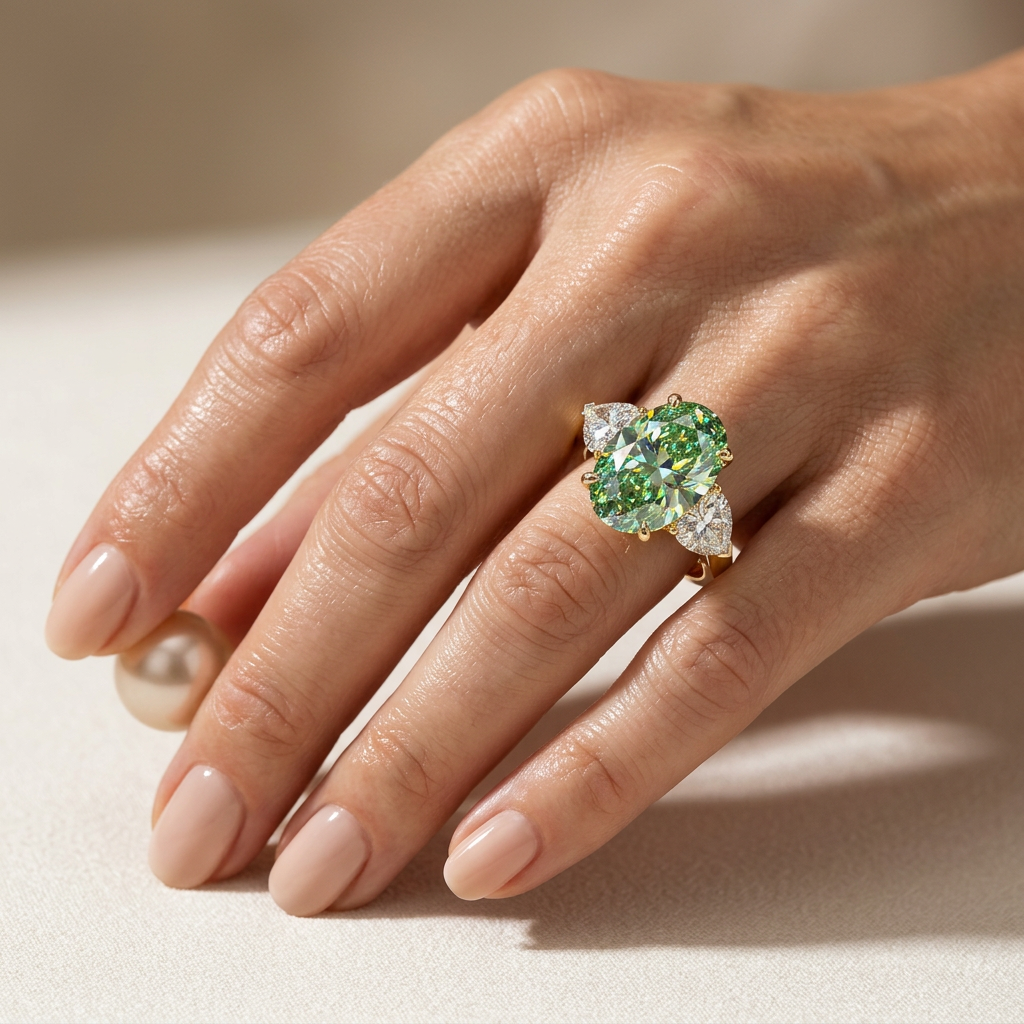 3 Carat Green Oval Lab Grown Diamond Engagement Ring Three Stone Heart Cut