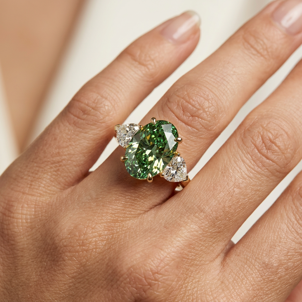 3 Carat Green Oval Lab Grown Diamond Engagement Ring Three Stone Heart Cut
