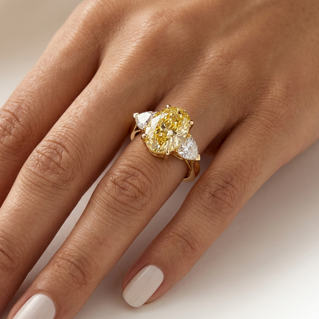 3 Carat Yellow Canary Oval Lab Grown Diamond Engagement Ring Three Stone Heart