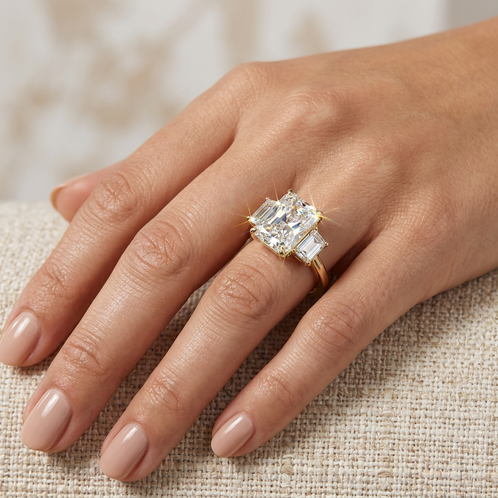 4 Carat E VVS Radiant Lab Grown Diamond Engagement Ring Three Stone Trapezoid Cut