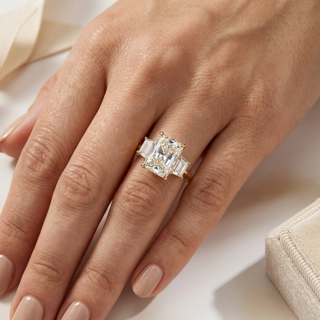 4 Carat E VVS Radiant Lab Grown Diamond Engagement Ring Three Stone Trapezoid Cut