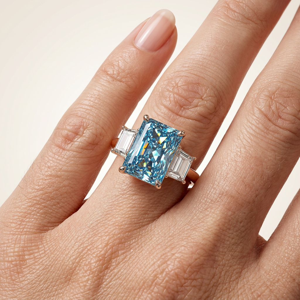 4 Carat Blue Radiant Lab Grown Diamond Engagement Ring Three Stone Trapezoid Cut