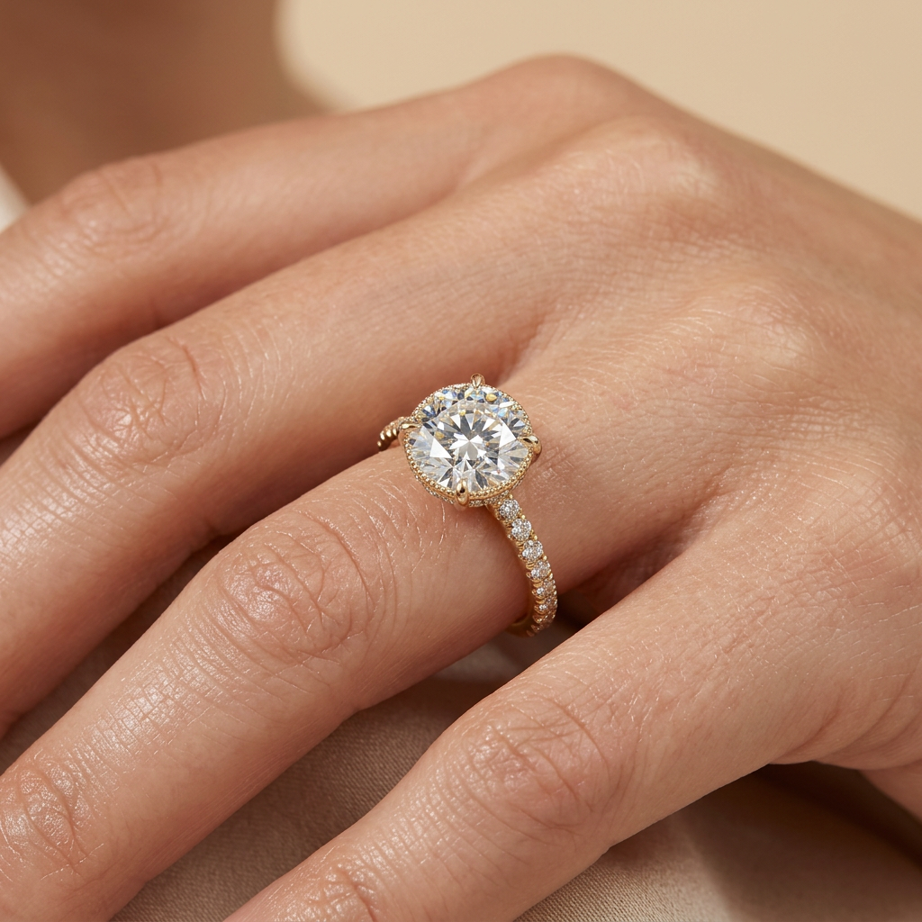 3 Carat E-VVS Round-Cut Lab Diamond Engagement Ring | Hidden Halo & Pavé