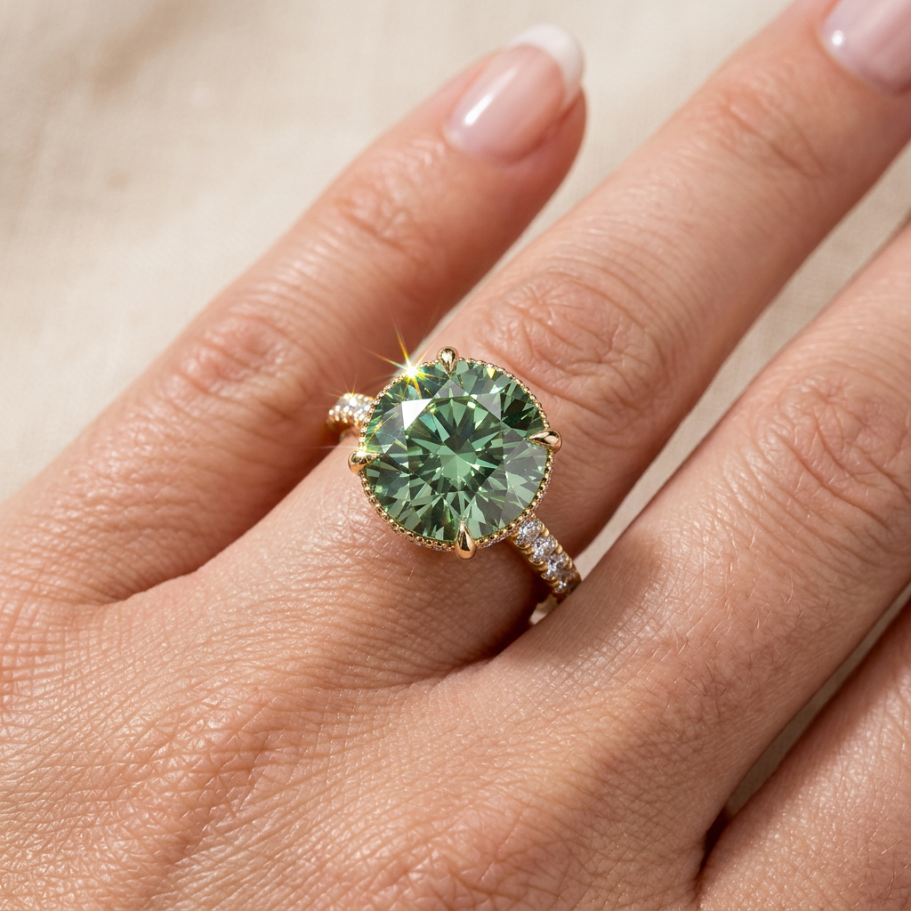 3 Carat Green Round-Cut Lab Diamond Engagement Ring | Hidden Halo & Pavé