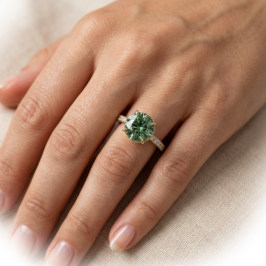 3 Carat Green Round-Cut Lab Diamond Engagement Ring | Hidden Halo & Pavé