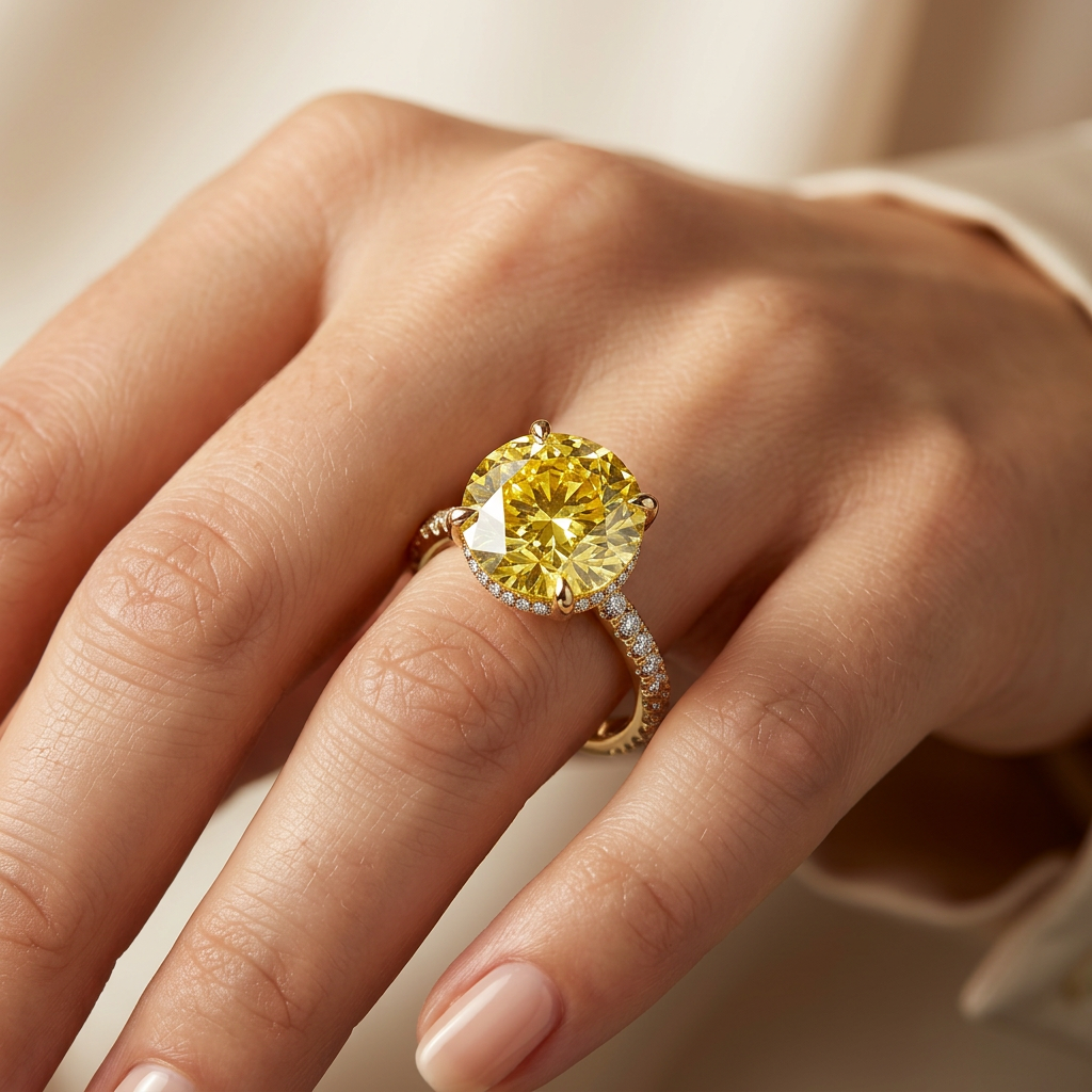 3 Carat Yellow Round-Cut Lab Diamond Engagement Ring | Hidden Halo & Pavé