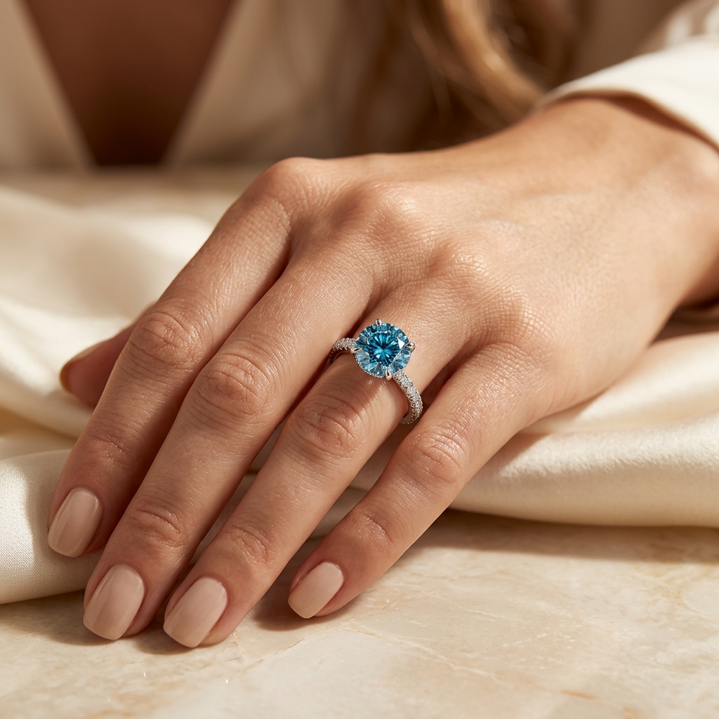 3 Carat Blue Round-Cut Lab Diamond Engagement Ring | Hidden Halo & Pavé