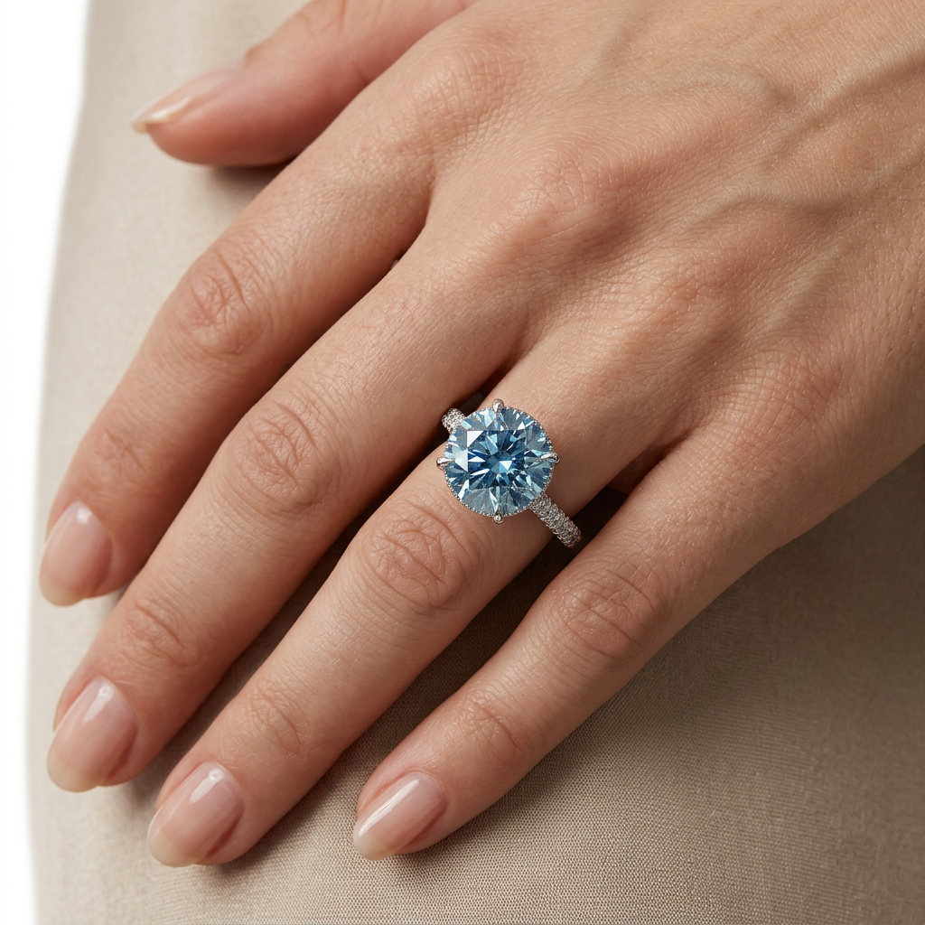 3 Carat Blue Round-Cut Lab Diamond Engagement Ring | Hidden Halo & Pavé