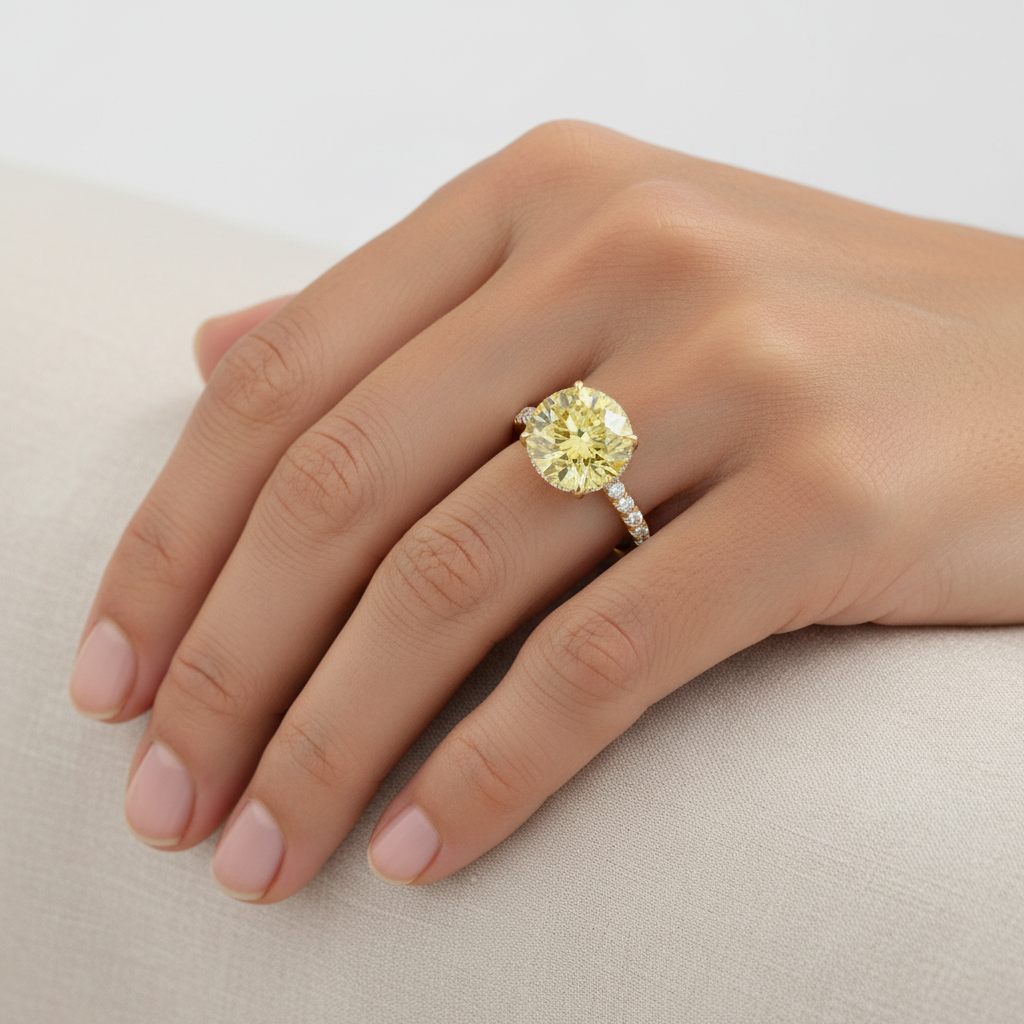 3.5 Carat Fancy Yellow Round Cut Lab Grown Diamond Ring - Halo & Pave Setting Wedding Ring