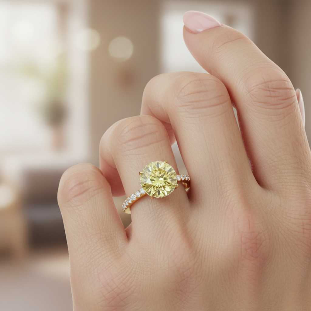 3.5 Carat Fancy Yellow Round Cut Lab Grown Diamond Ring - Halo & Pave Setting Wedding Ring