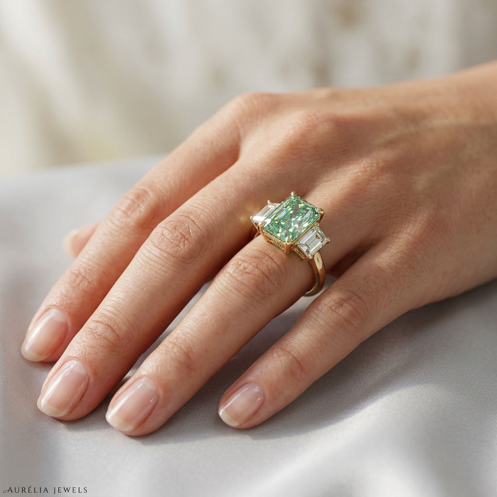 4 Carat Green Radiant Lab Grown Diamond Engagement Ring Three Stone Trapezoid Cut