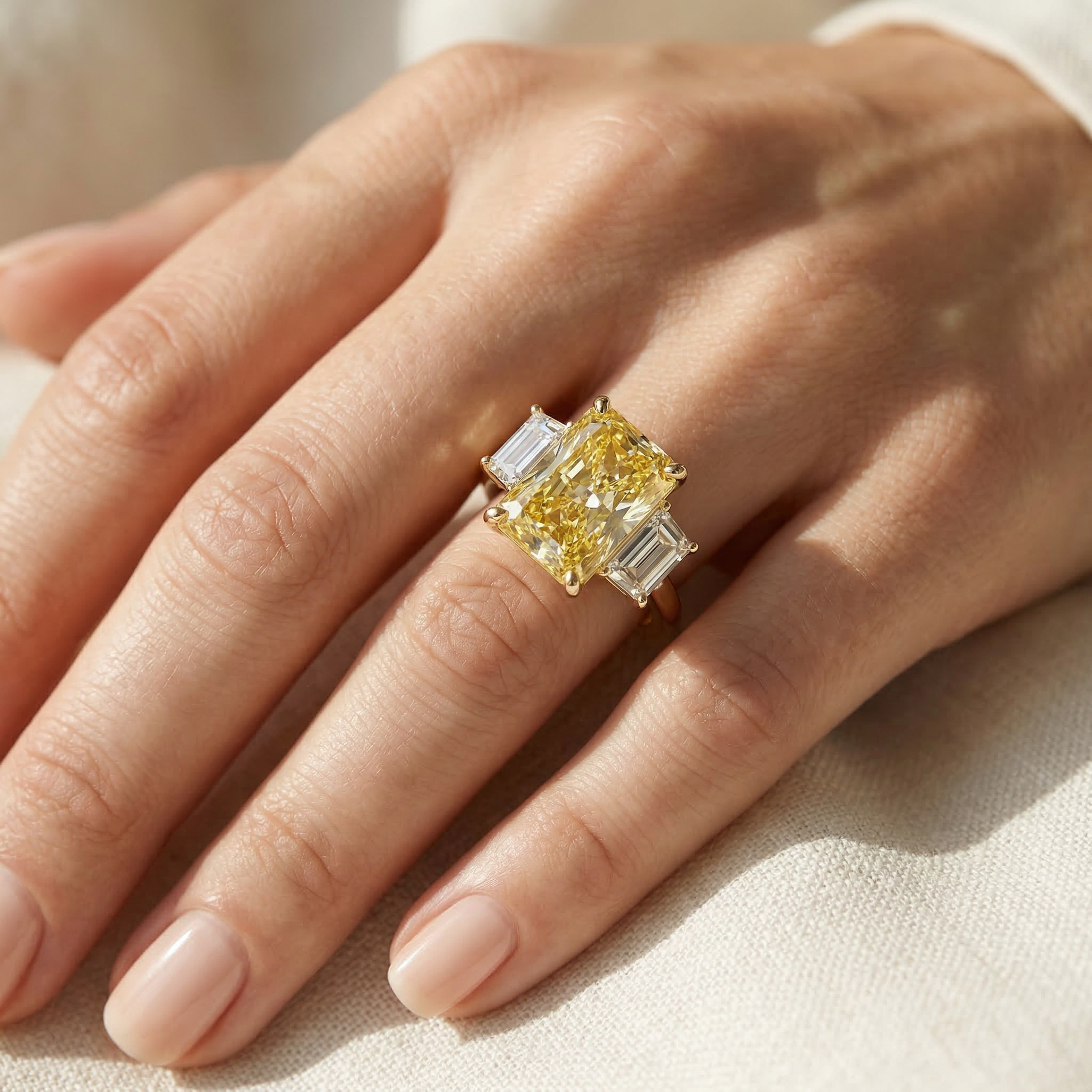 4 Carat Yellow Canary Radiant Lab Grown Diamond Engagement Ring Three Stone Trapezoid