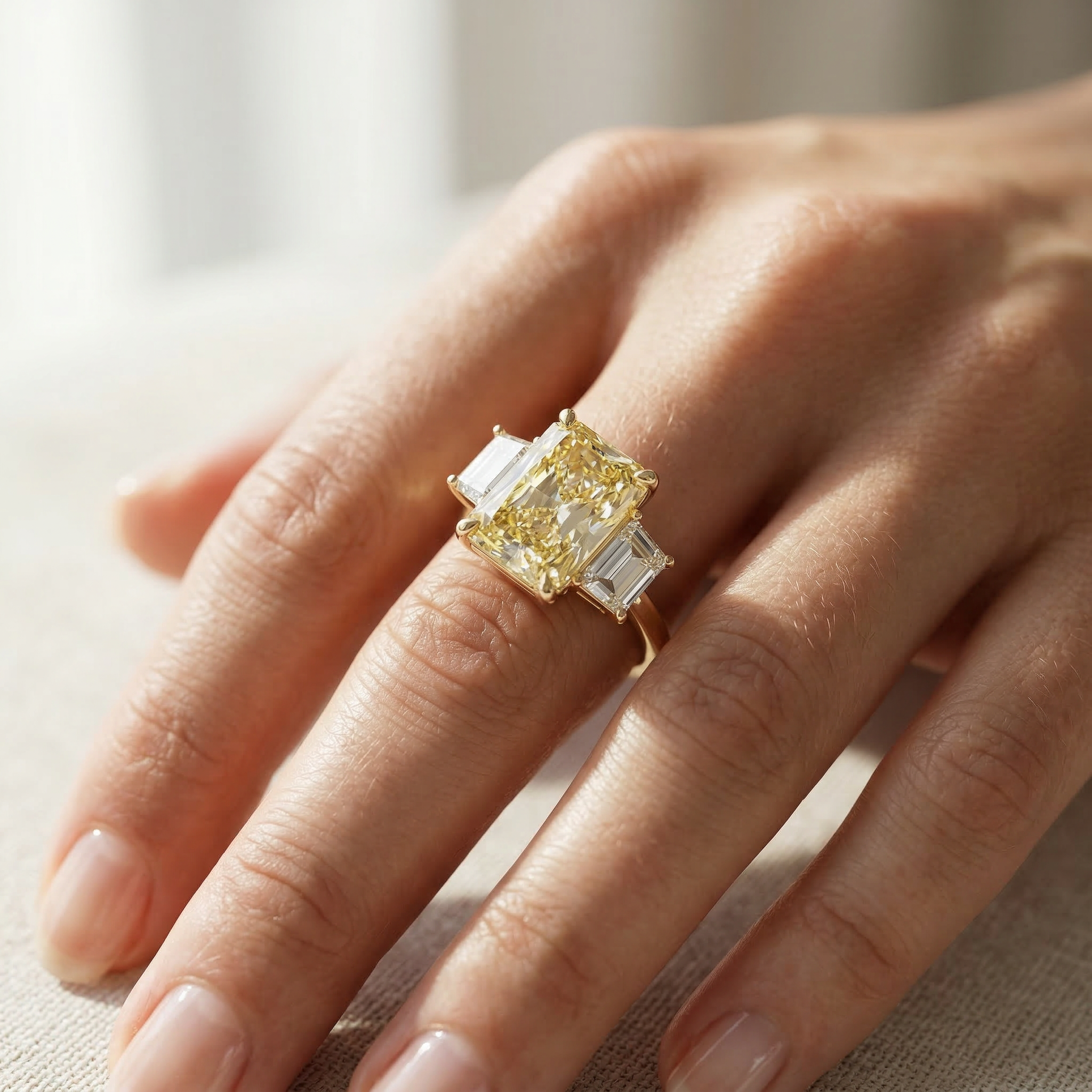 4 Carat Yellow Canary Radiant Lab Grown Diamond Engagement Ring Three Stone Trapezoid