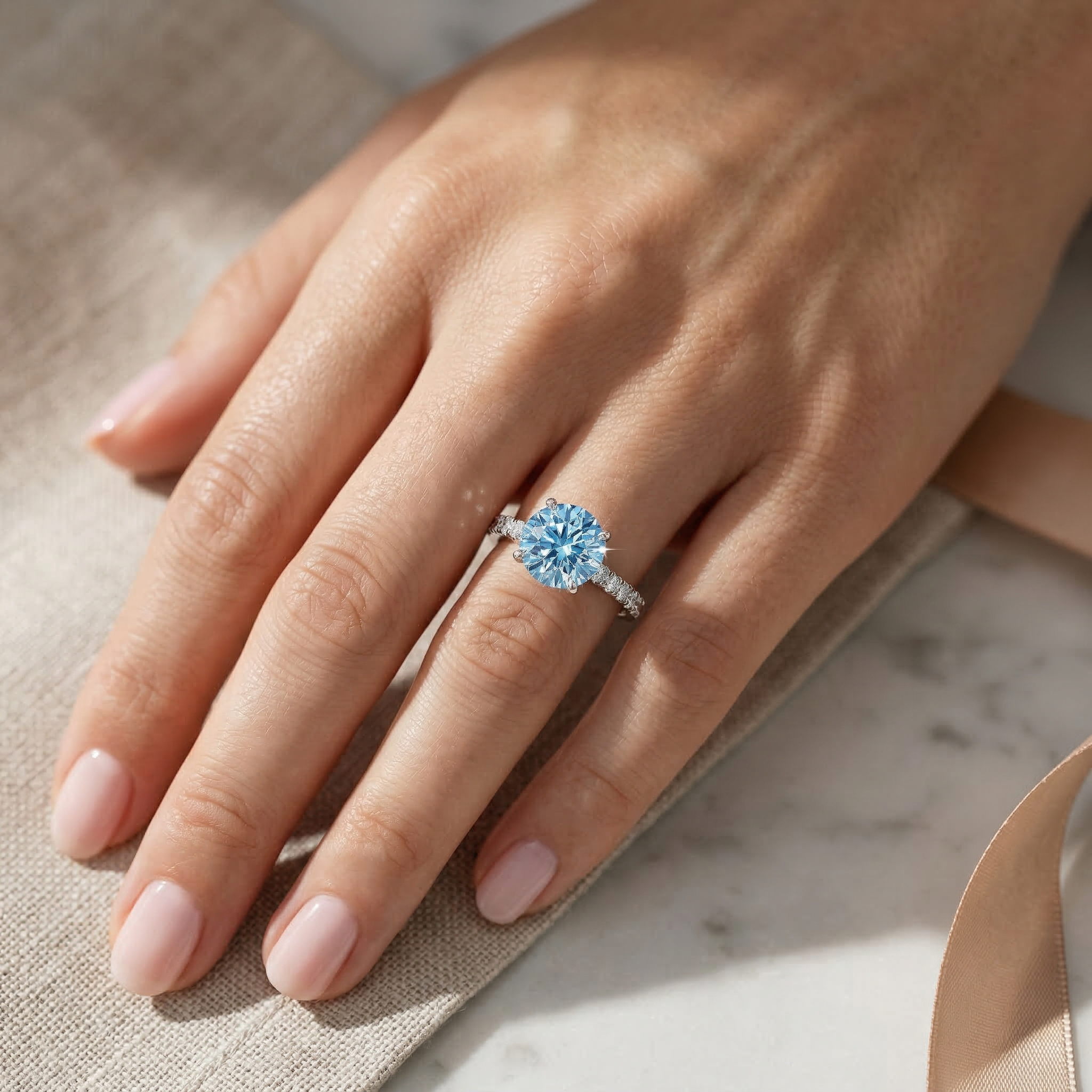 1.5 Carat Blue Round Lab Grown Diamond Engagement Ring Classic Pave Set
