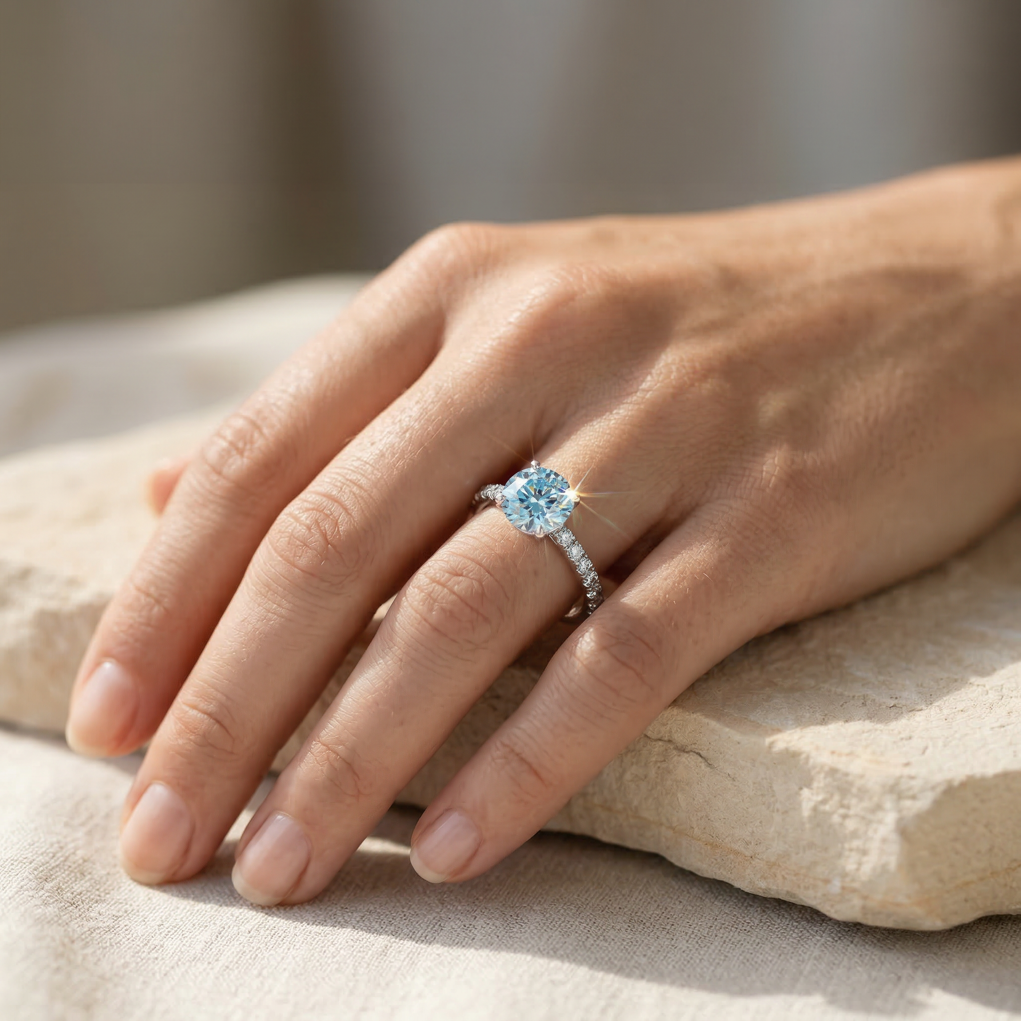 1.5 Carat Blue Round Lab Grown Diamond Engagement Ring Classic Pave Set