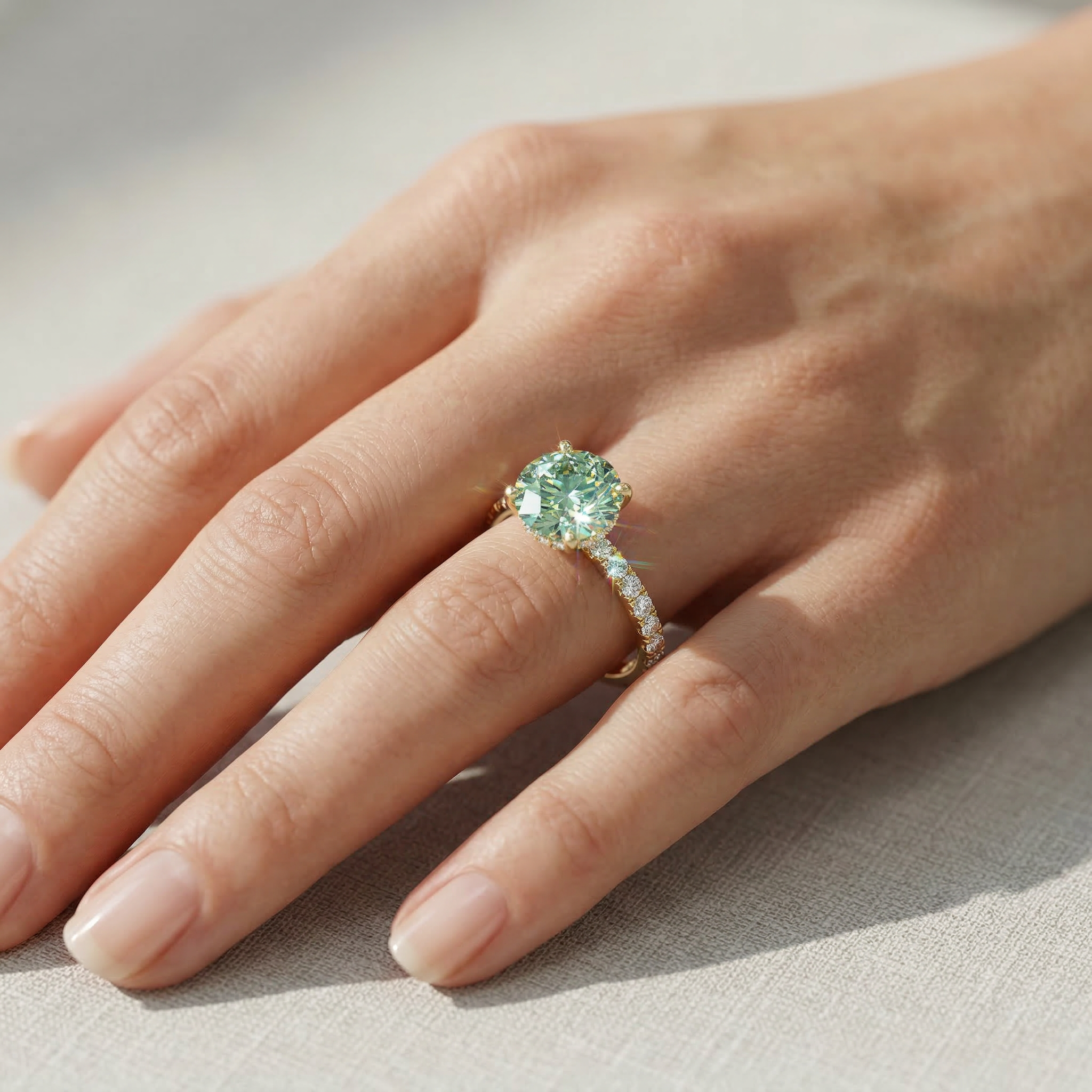 1.5 Carat Green Round Lab Grown Diamond Engagement Ring Classic Pave Set