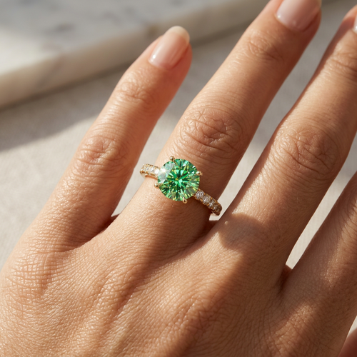 1.5 Carat Green Round Lab Grown Diamond Engagement Ring Classic Pave Set