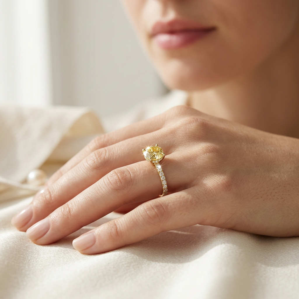 1.5 Carat Yellow Canary Round Lab Grown Diamond Engagement Ring Classic Pave Set