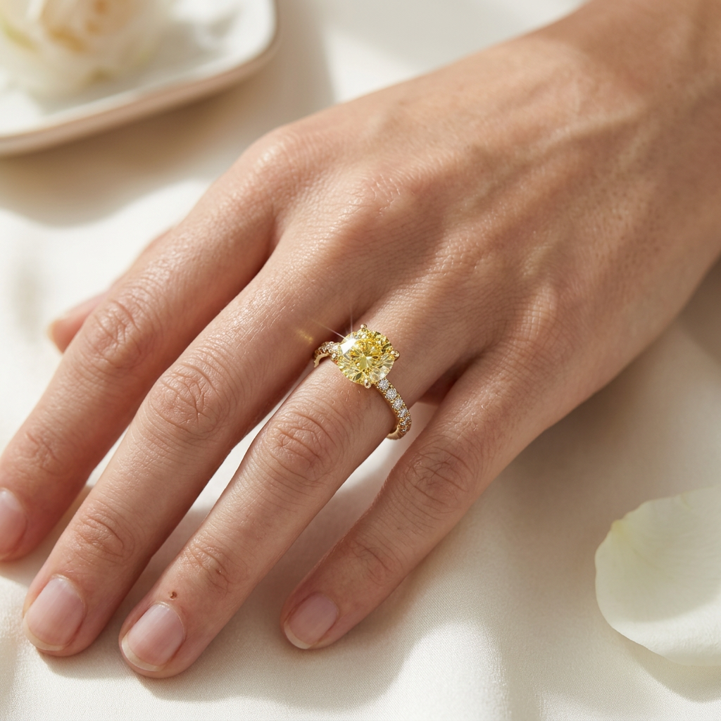 1.5 Carat Yellow Canary Round Lab Grown Diamond Engagement Ring Classic Pave Set