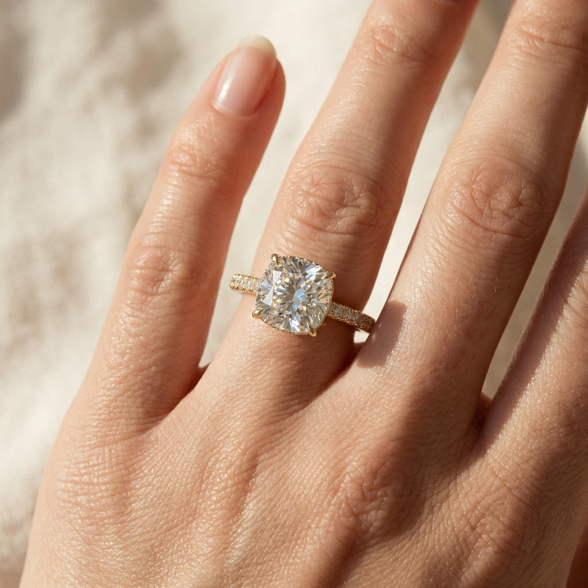 2.5 Carat E VVS Cushion Cut Lab Grown Diamond Hidden Halo Pave Engagement Ring Eblouissant
