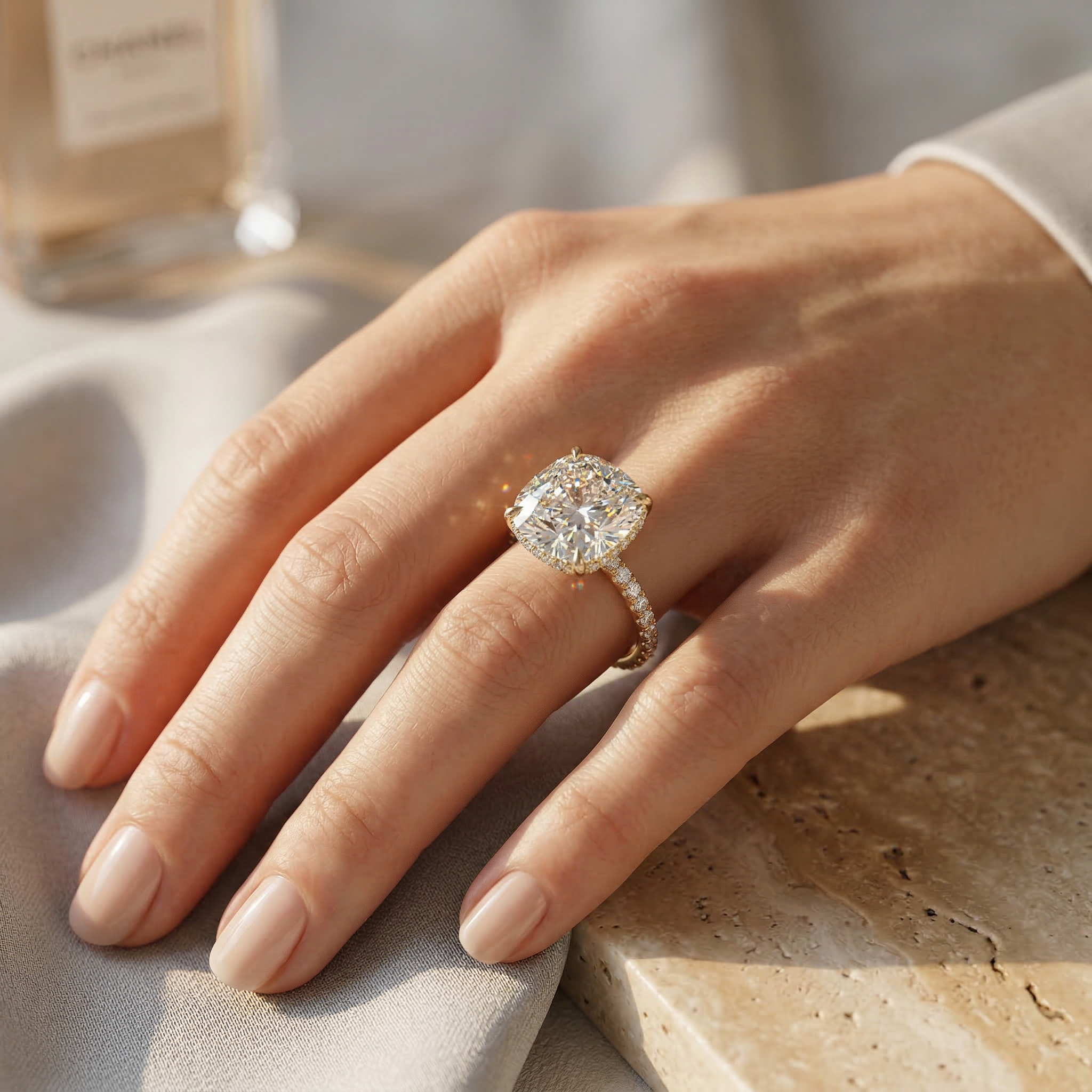 2.5 Carat E VVS Cushion Cut Lab Grown Diamond Hidden Halo Pave Engagement Ring Eblouissant