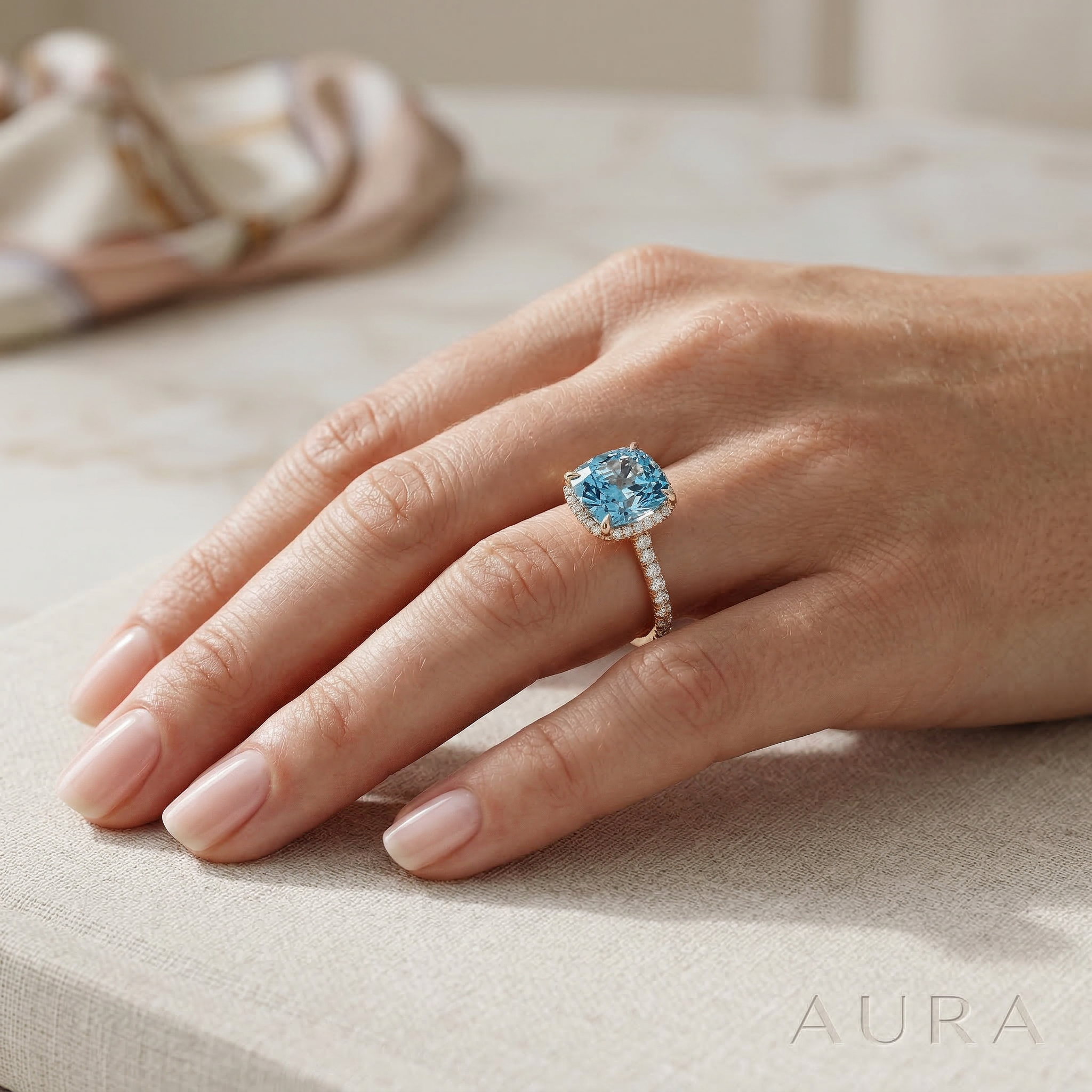 2.5 Carat Blue Cushion Cut Lab Grown Diamond Hidden Halo Pave Engagement Ring