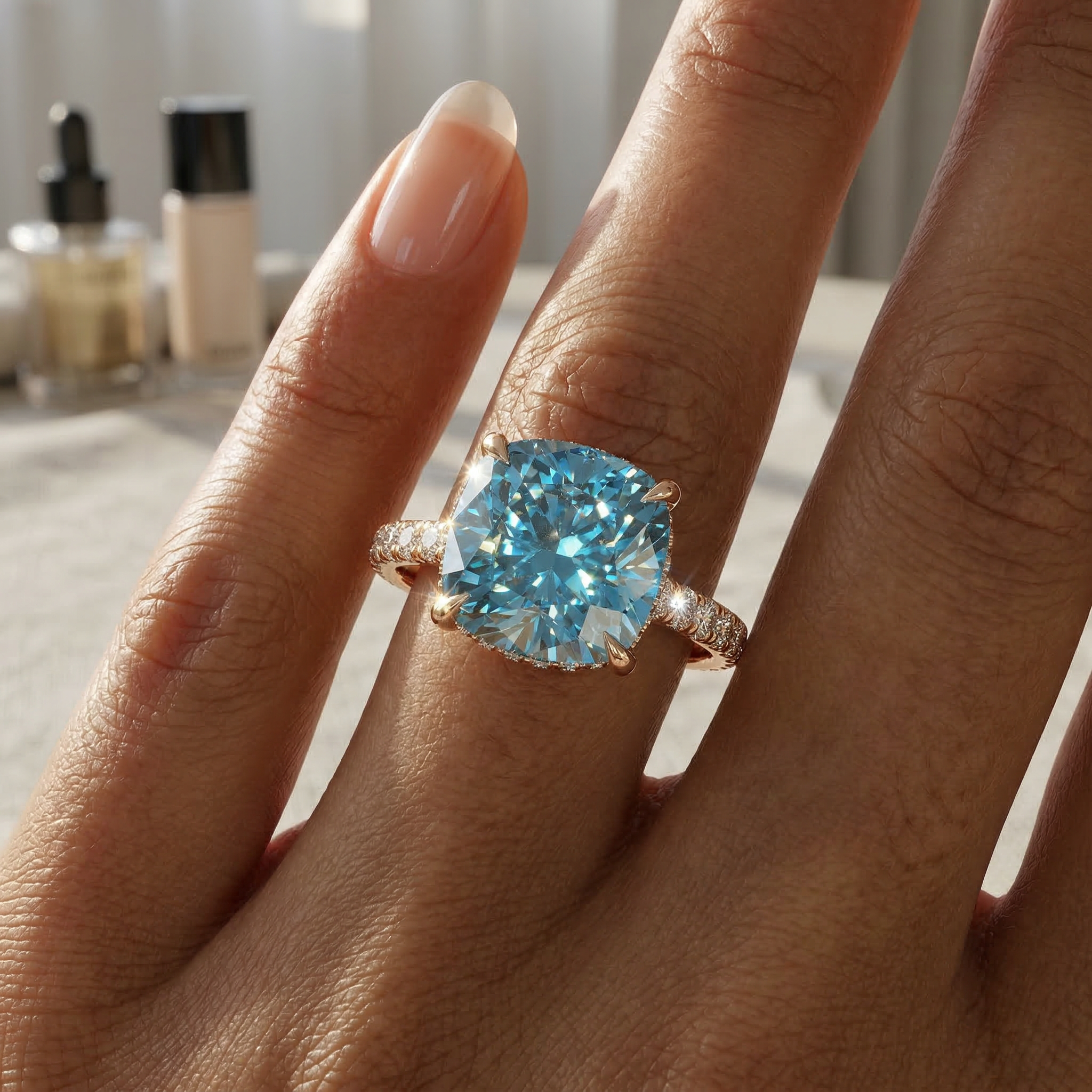 2.5 Carat Blue Cushion Cut Lab Grown Diamond Hidden Halo Pave Engagement Ring