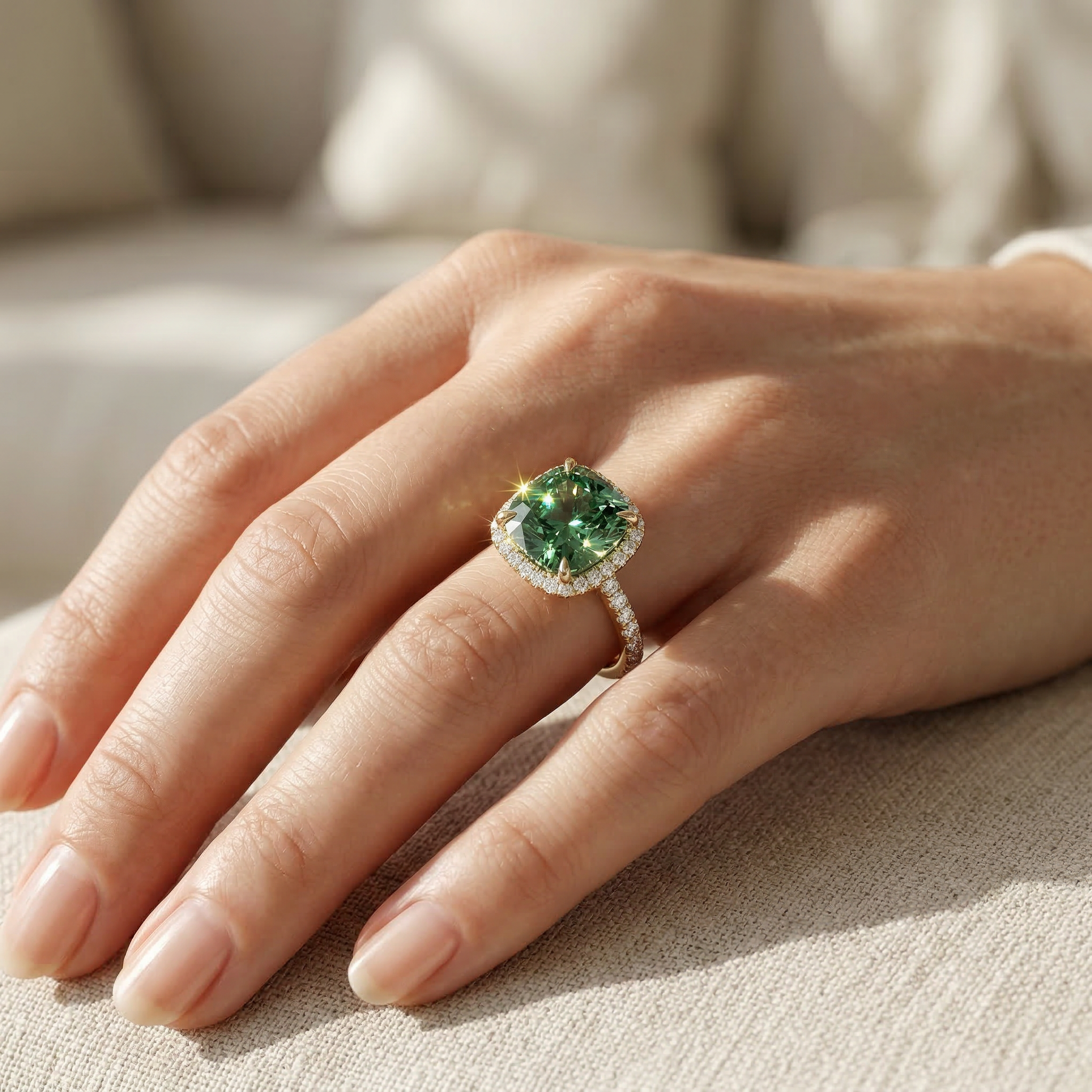2.5 Carat Green Cushion Cut Lab Grown Diamond Hidden Halo Pave Engagement Ring Eblouissant
