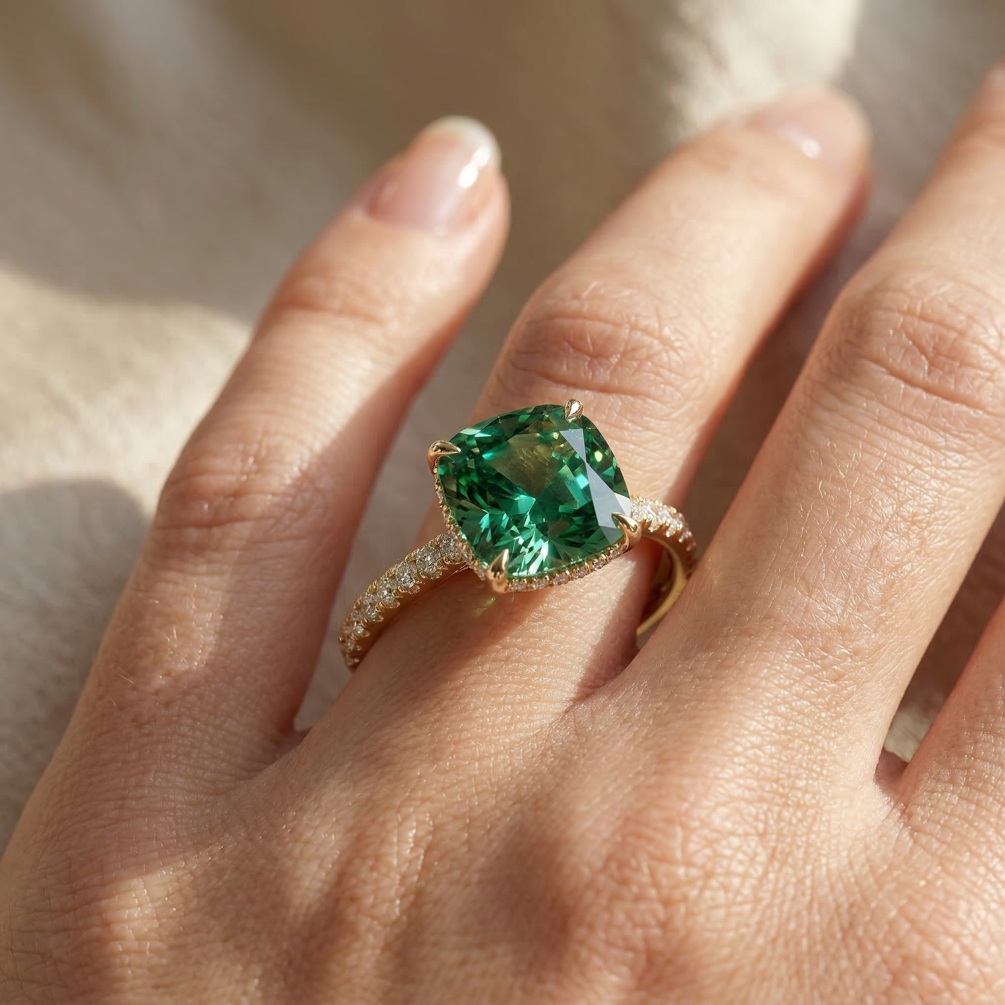 2.5 Carat Green Cushion Cut Lab Grown Diamond Hidden Halo Pave Engagement Ring Eblouissant