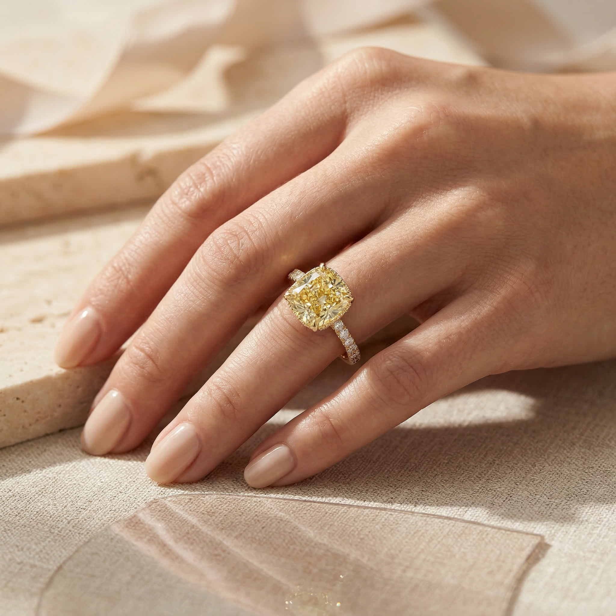 2.5 Carat Yellow Cushion Cut Lab Grown Diamond Hidden Halo Pave Engagement Ring Eblouissant