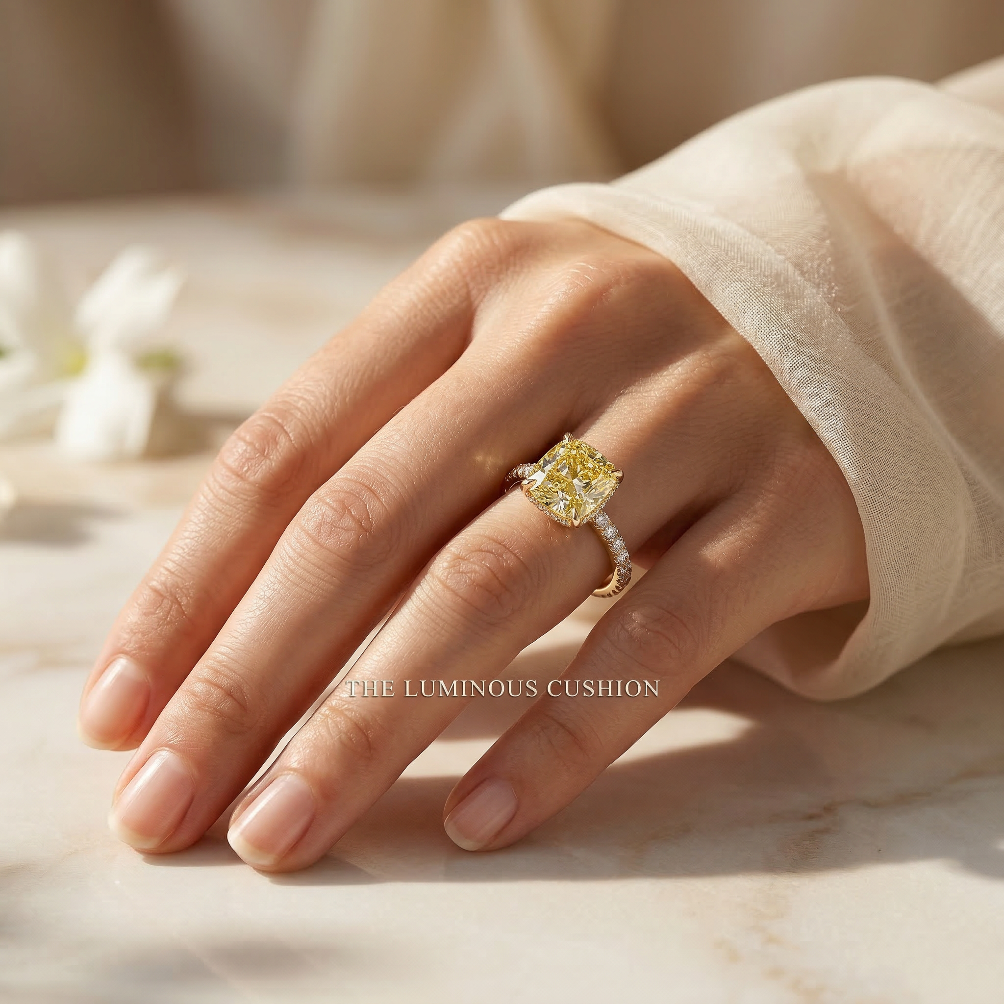 2.5 Carat Yellow Cushion Cut Lab Grown Diamond Hidden Halo Pave Engagement Ring Eblouissant
