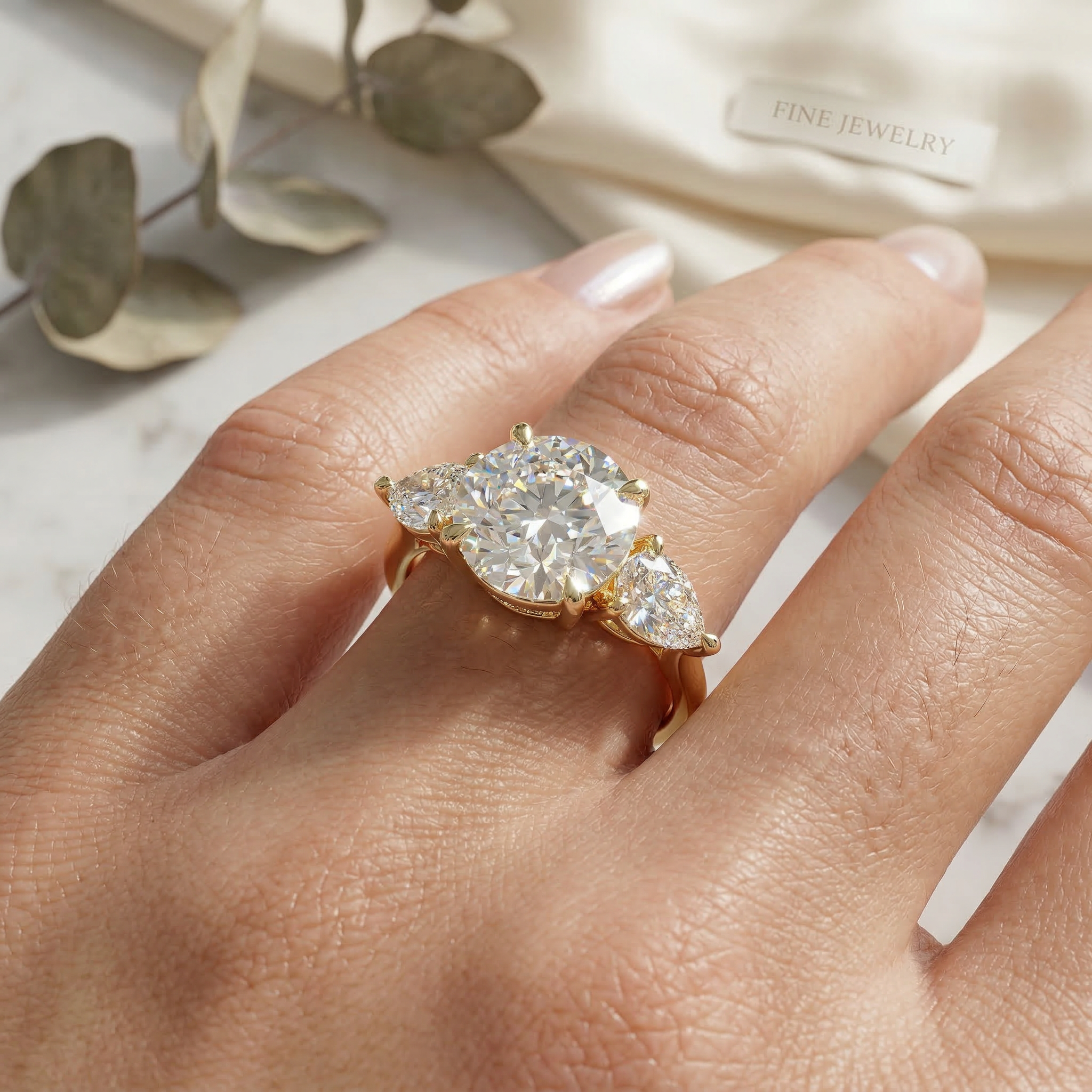 4 Carat E VVS Round & Pear Cut Lab Grown Diamond Three Stone Engagement Ring