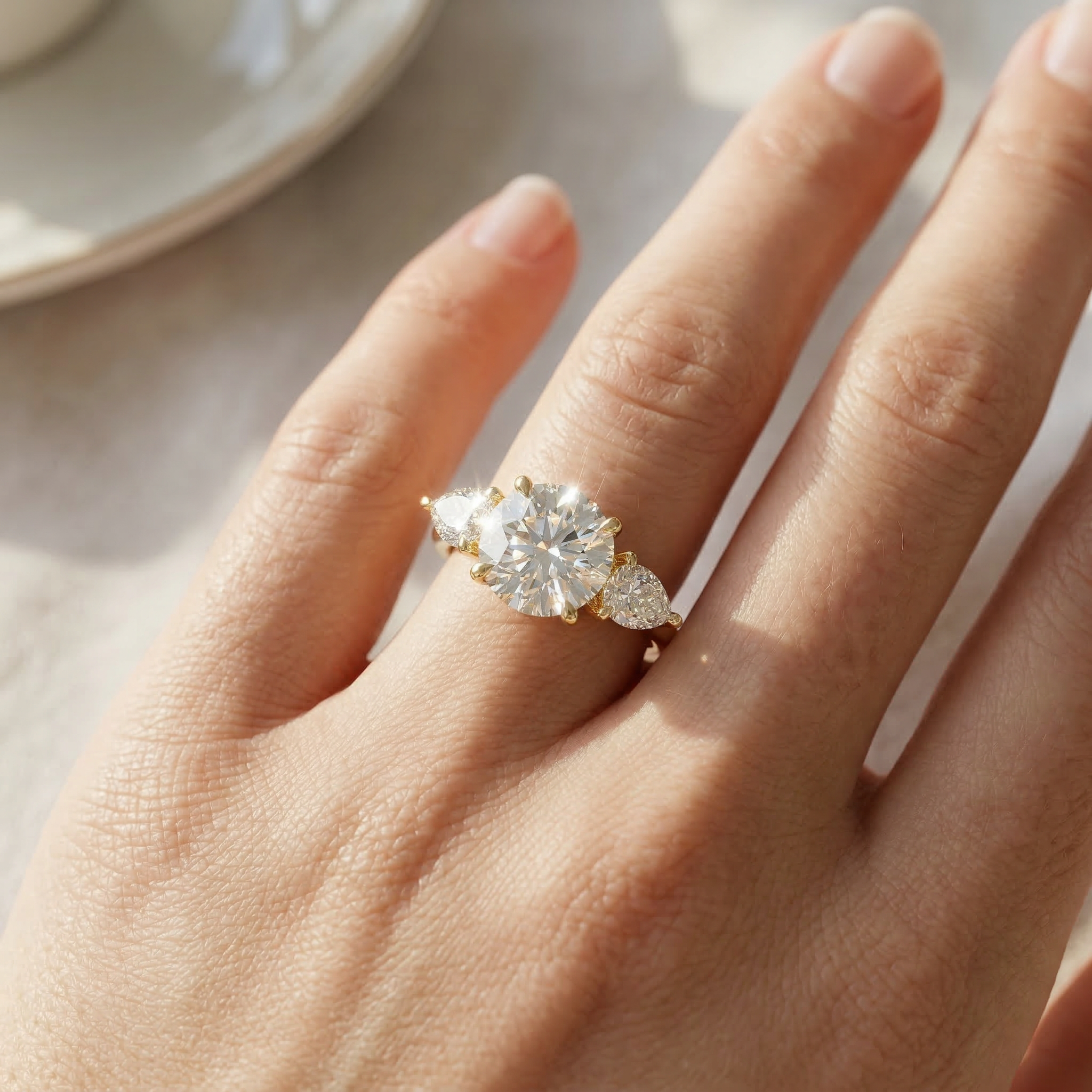 4 Carat E VVS Round & Pear Cut Lab Grown Diamond Three Stone Engagement Ring