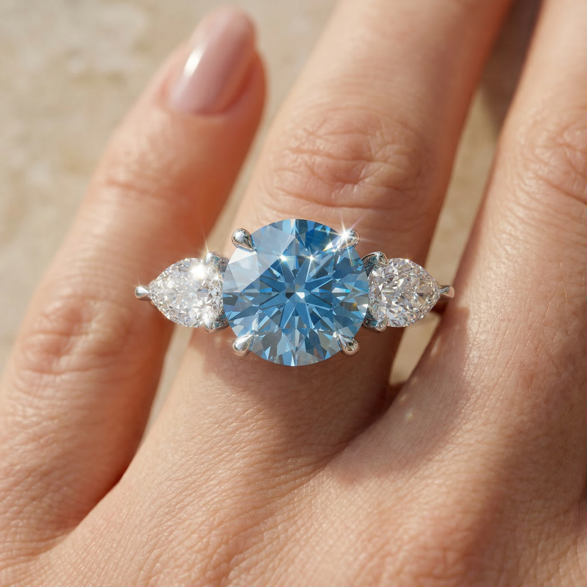 4 Carat Fancy Blue Round & Pear Cut Lab Grown Diamond Three Stone Engagement Ring