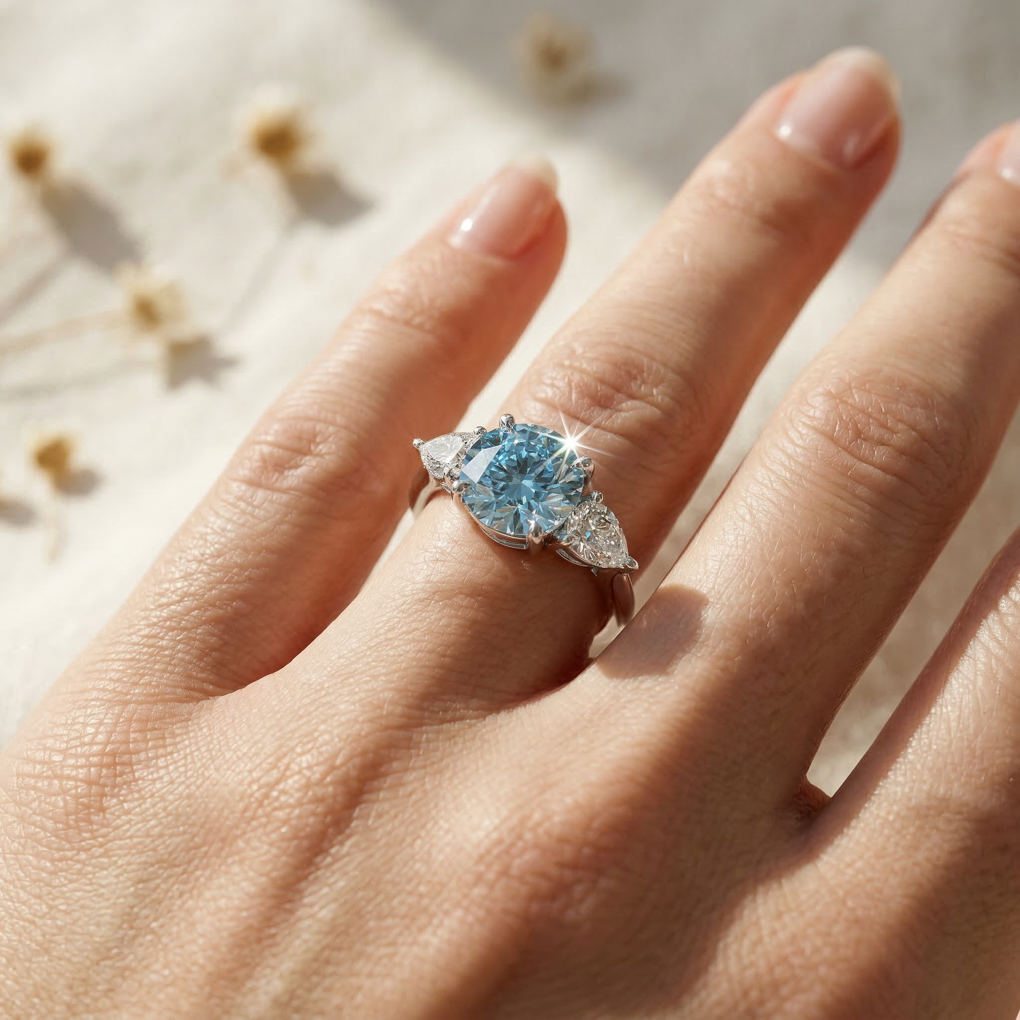 4 Carat Fancy Blue Round & Pear Cut Lab Grown Diamond Three Stone Engagement Ring
