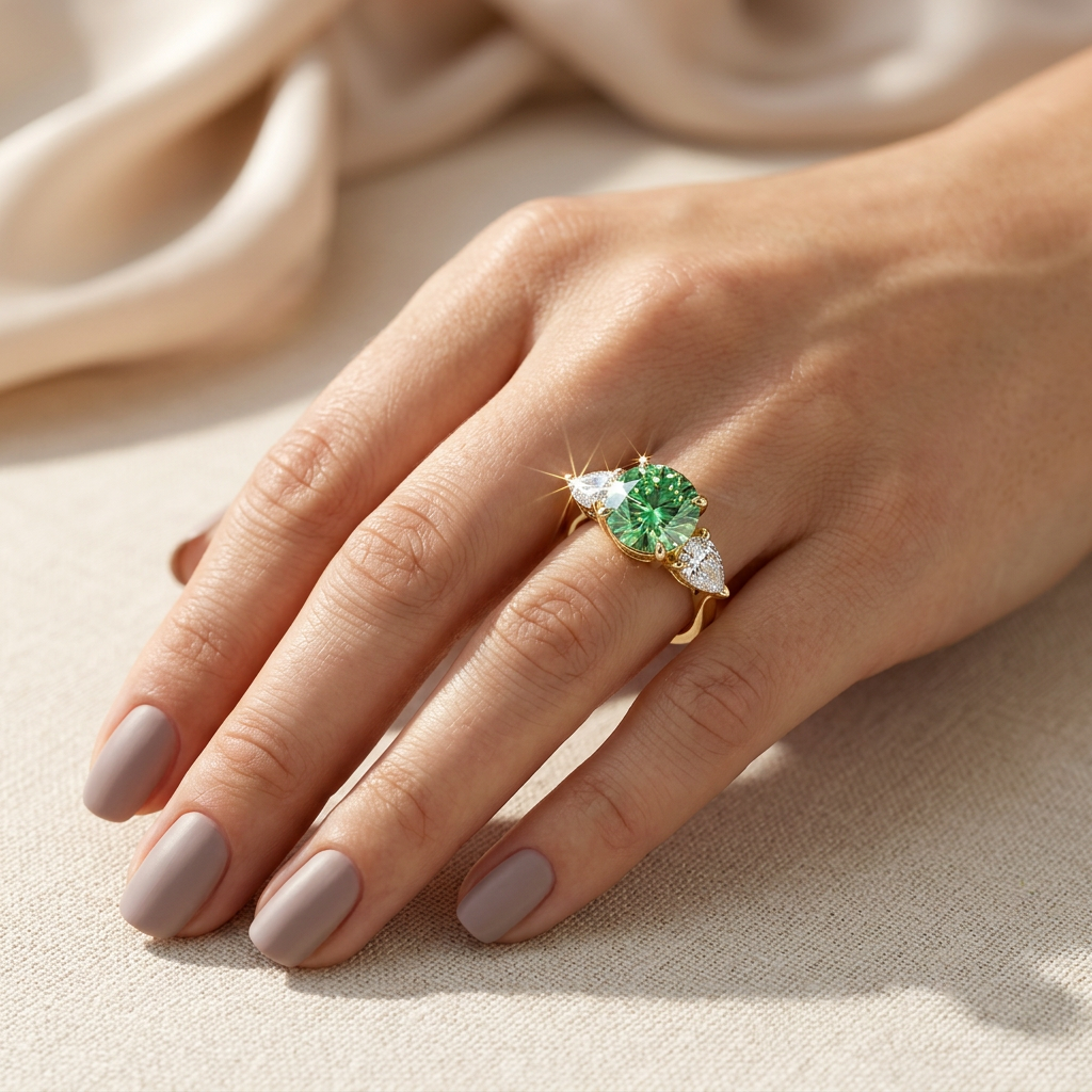 4 Carat Fancy Vivid Green Round & Pear Cut Lab Grown Diamond Three Stone Engagement Ring