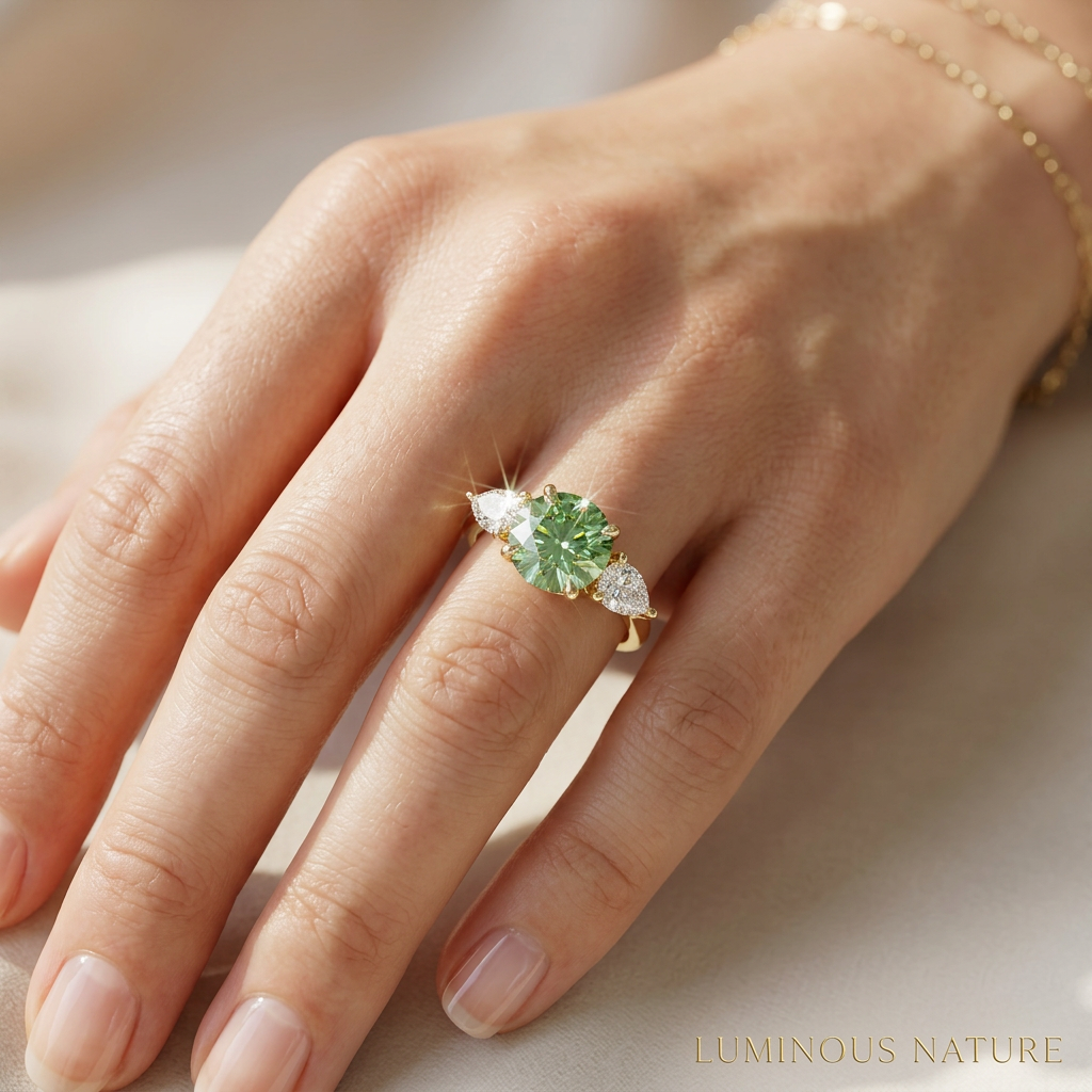 4 Carat Fancy Vivid Green Round & Pear Cut Lab Grown Diamond Three Stone Engagement Ring