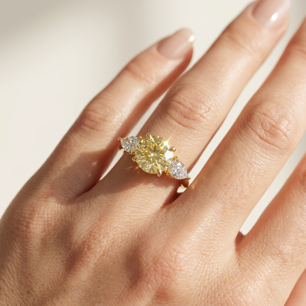 4 Carat Fancy Yellow Round & Pear Cut Lab Grown Diamond Three Stone Engagement Ring