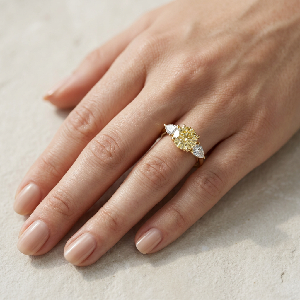 4 Carat Fancy Yellow Round & Pear Cut Lab Grown Diamond Three Stone Engagement Ring