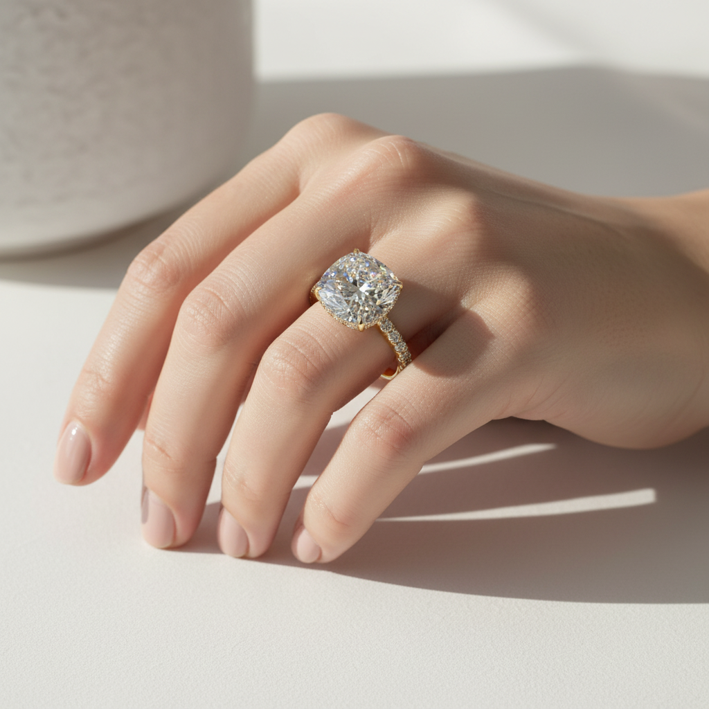 2.5 Carat E VVS Cushion Cut Hidden Halo & Pave Lab Grown Diamond Ring