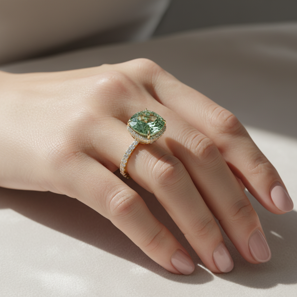 2.5 Carat Fancy Vivid Green Cushion Cut Hidden Halo & Pave Lab Grown Diamond Ring