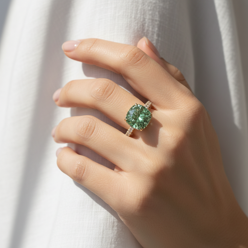 2.5 Carat Fancy Vivid Green Cushion Cut Hidden Halo & Pave Lab Grown Diamond Ring
