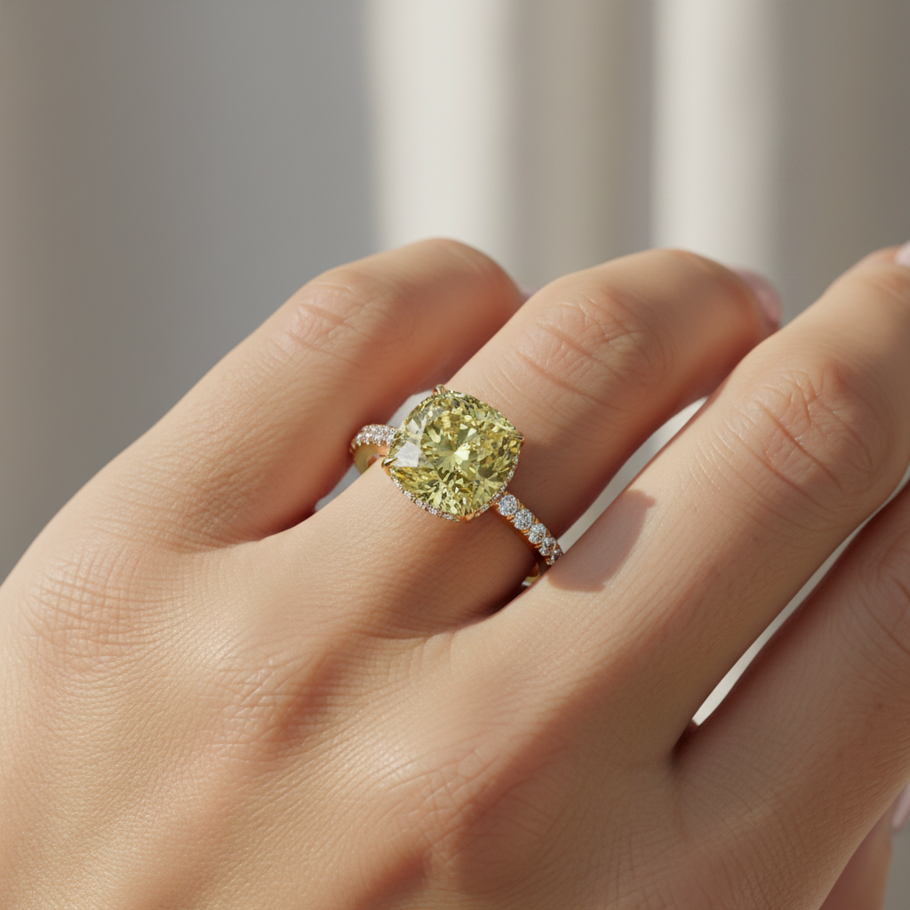 2.5 Carat Fancy Yellow Cushion Cut Hidden Halo & Pave Lab Grown Diamond Ring