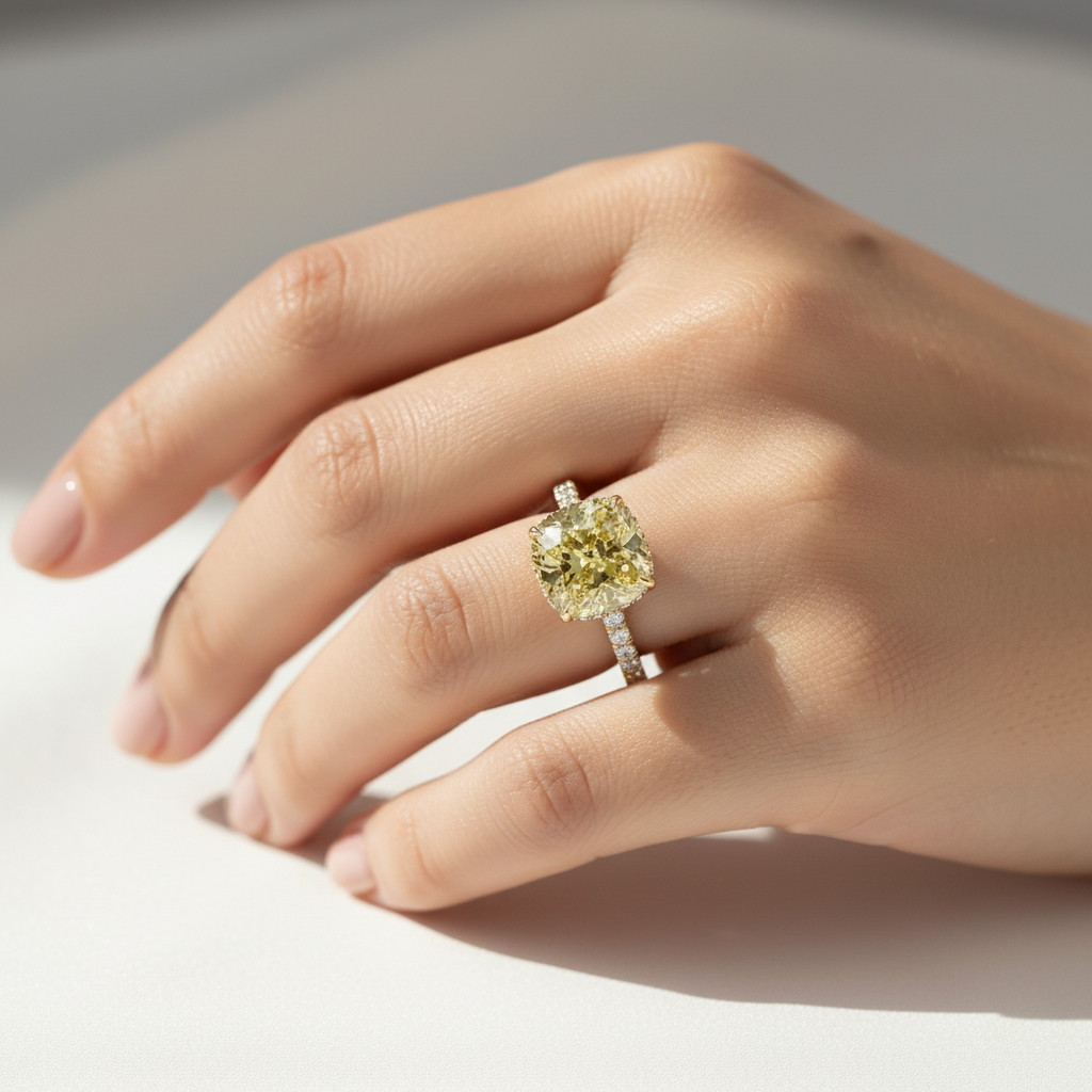2.5 Carat Fancy Yellow Cushion Cut Hidden Halo & Pave Lab Grown Diamond Ring