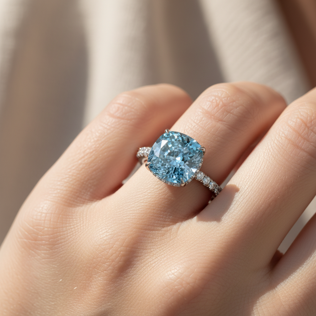 2.5 Carat Fancy Blue Cushion Cut Hidden Halo & Pave Lab Grown Diamond Ring