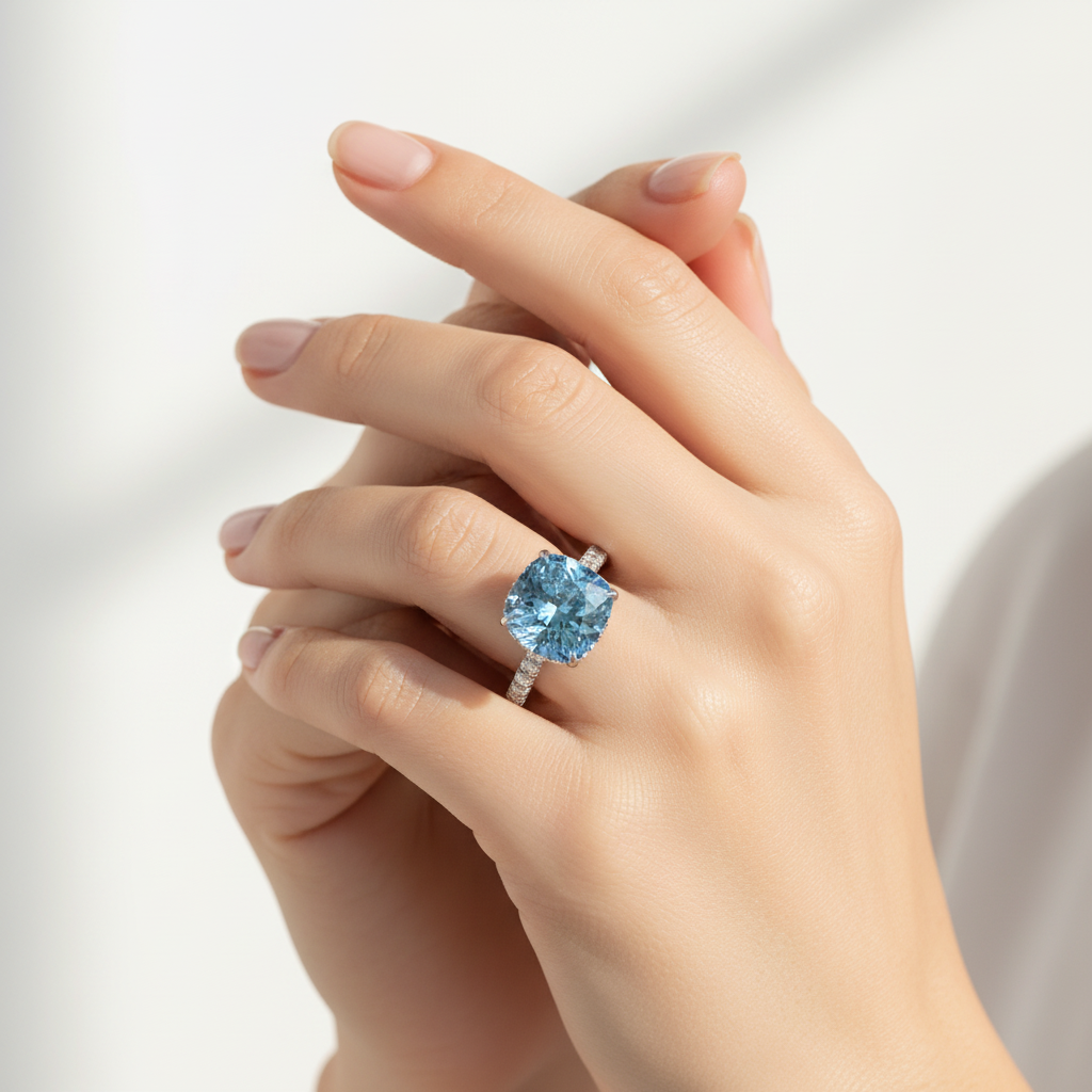 2.5 Carat Fancy Blue Cushion Cut Hidden Halo & Pave Lab Grown Diamond Ring